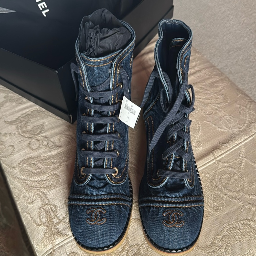 Dark blue denim Chanel lace up boots